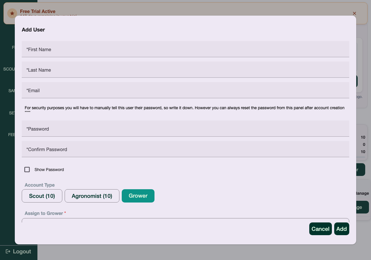 Add User dialog with Grower account type selected