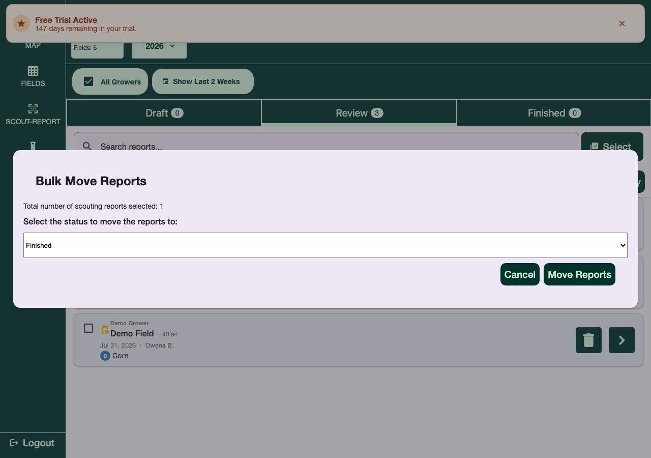 Bulk move reports to a new status
