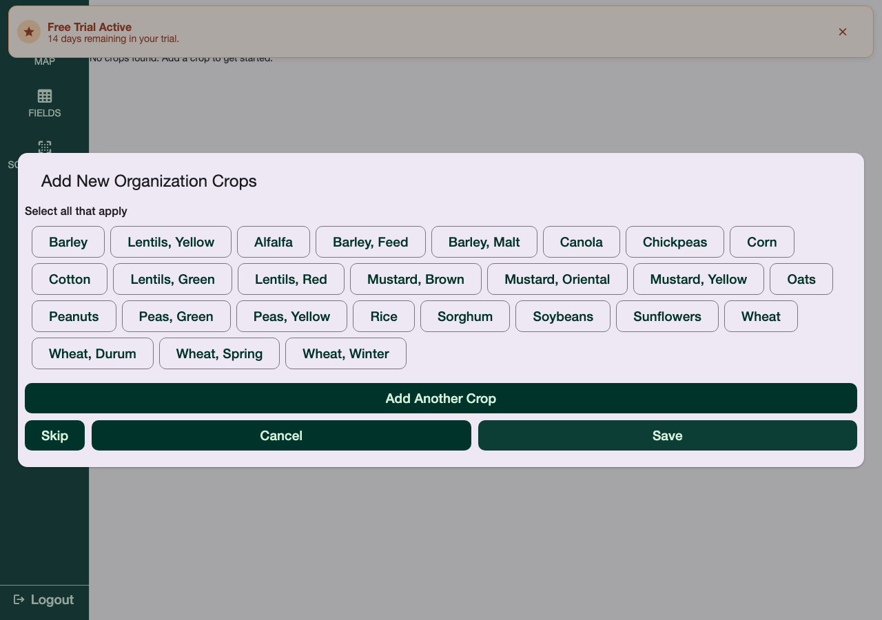Add Organization Crops step of the setup wizard