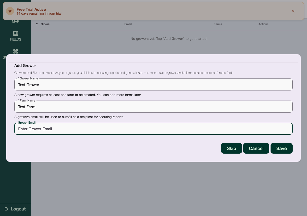Add Grower step of the setup wizard
